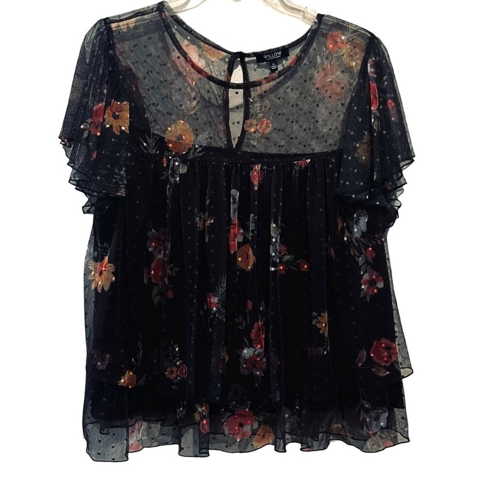 Willow 1X Floral Polka-dot Tiered Babydoll Mesh Blouse Top